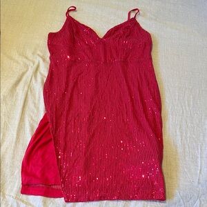 Red Sequin Slip Dress - adjustable straps- leg slit